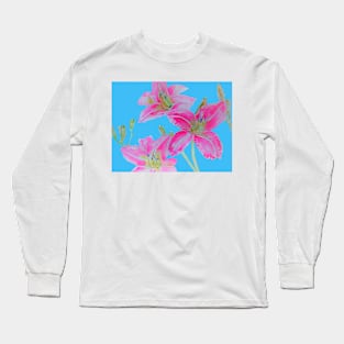 Pink Lily Flowers floral Watercolor Painting Blue Long Sleeve T-Shirt